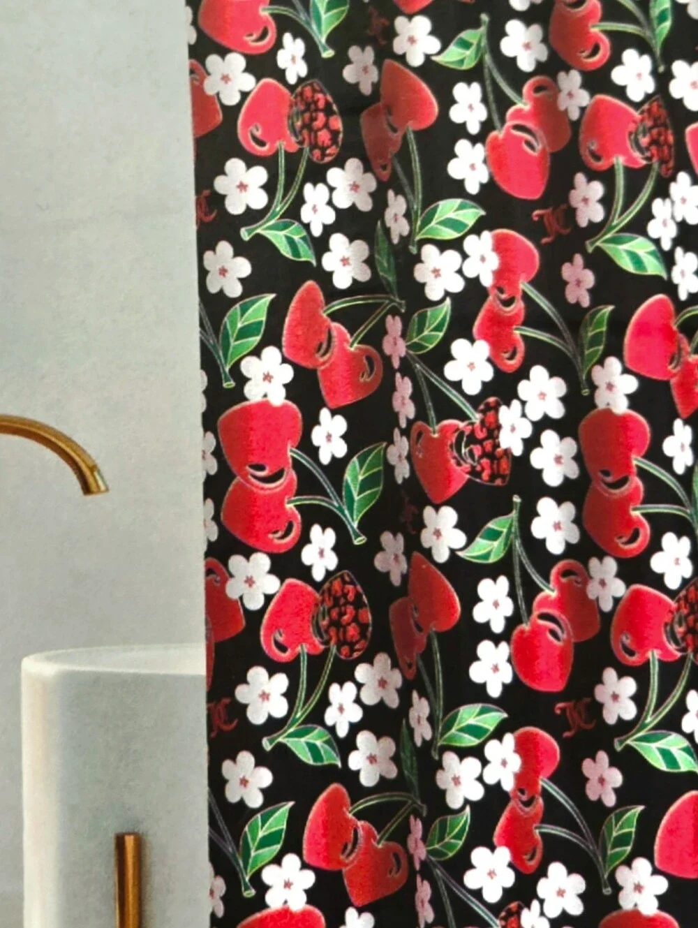Juicy Couture Home Red Cherry & White Flower Print Shower Curtain